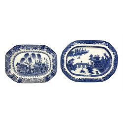 Late 18th/early 19th century Chinese export blue and white platter, of rectangular form with canted corners, decorated with central scene of willow tree and precious objects, within a spearhead inner border and outer fitzhugh type border, W33cm, together with an English blue and white pearlware Willow pattern example 