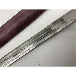 Copy of a WWII Japanese NCO sword, the 65cm slightly curving blade stamped with pseudo Japanese characters and cast brass simulated cord bound grip; in officer's leather bound field scabbard L97cm overall