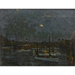  Albert Woods (British 1871-1944): 'Moonrise, The Harbour', oil on board signed and titled verso 39cm x 49cm  