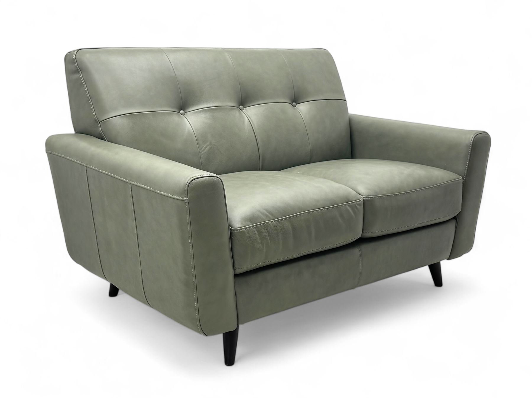 DFS - contemporary 'Camper' two seat sofa, upholstered in French grey leather with button back detailing, on splayed supports (W144cm, D84cm, H76cm); matching armchair (W90cm, D84cm, H76cm)