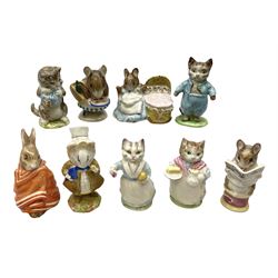 Nine Beswick Beatrix Potter figures, comprising Tabitha Twitchett, Appley Dapply, Tom Kitten Tailor of Gloucester, Ribby, Hunca Munca, Amiable guinea-pig, Miss Moppet and Poorly Peter rabbit,  all with printed mark beneath 