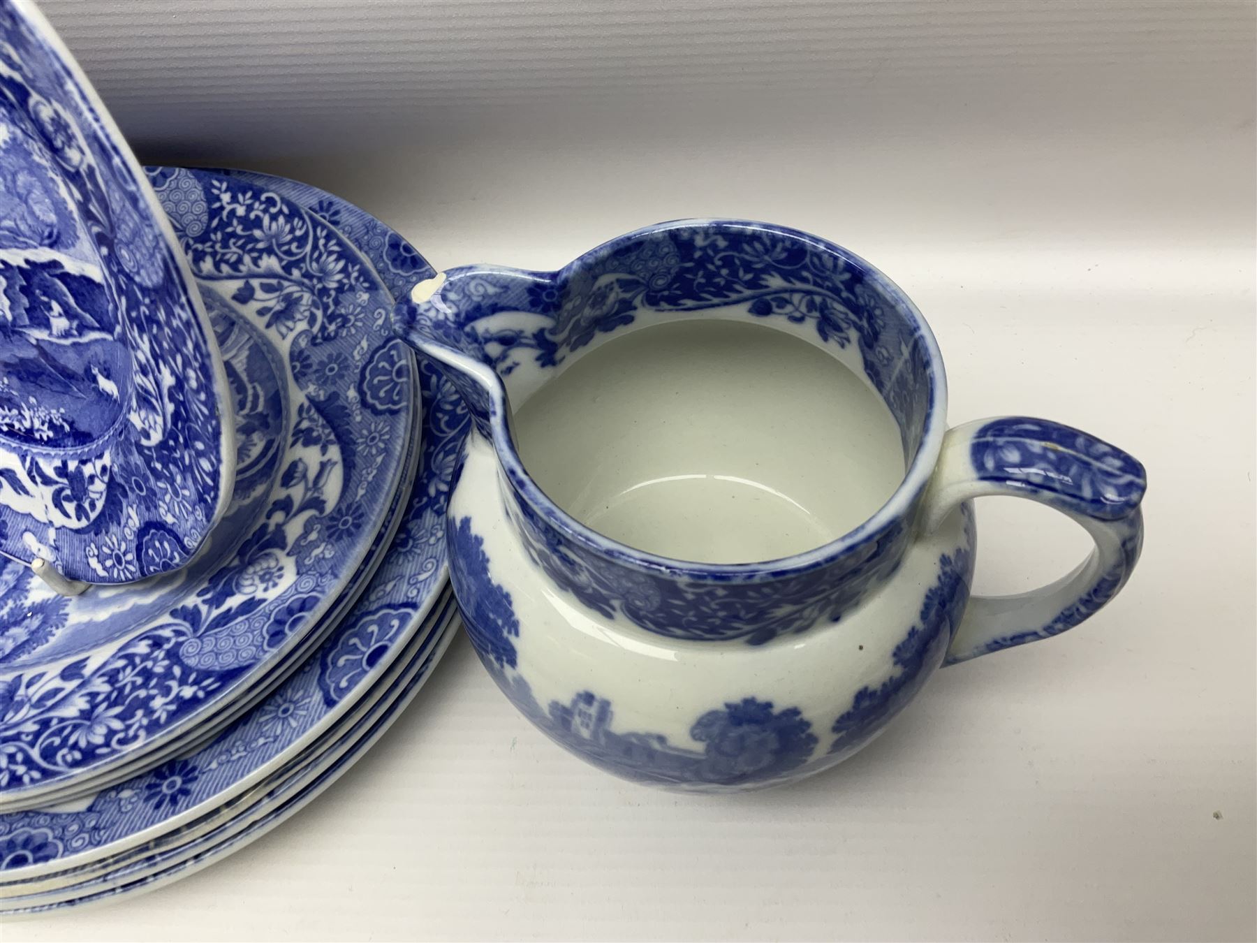 Copeland Spode Italian pattern tea and dinner wares, including hor d'oeuvres dish, tureen and cover, coffee pot, six coffee cans and saucers, etc, all with blue printed marks beneath (40)