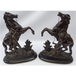  Pair 19th century bronzed spelter Marly Horse sculptures after Guillaume Coustou on ebonised base, H42cm   