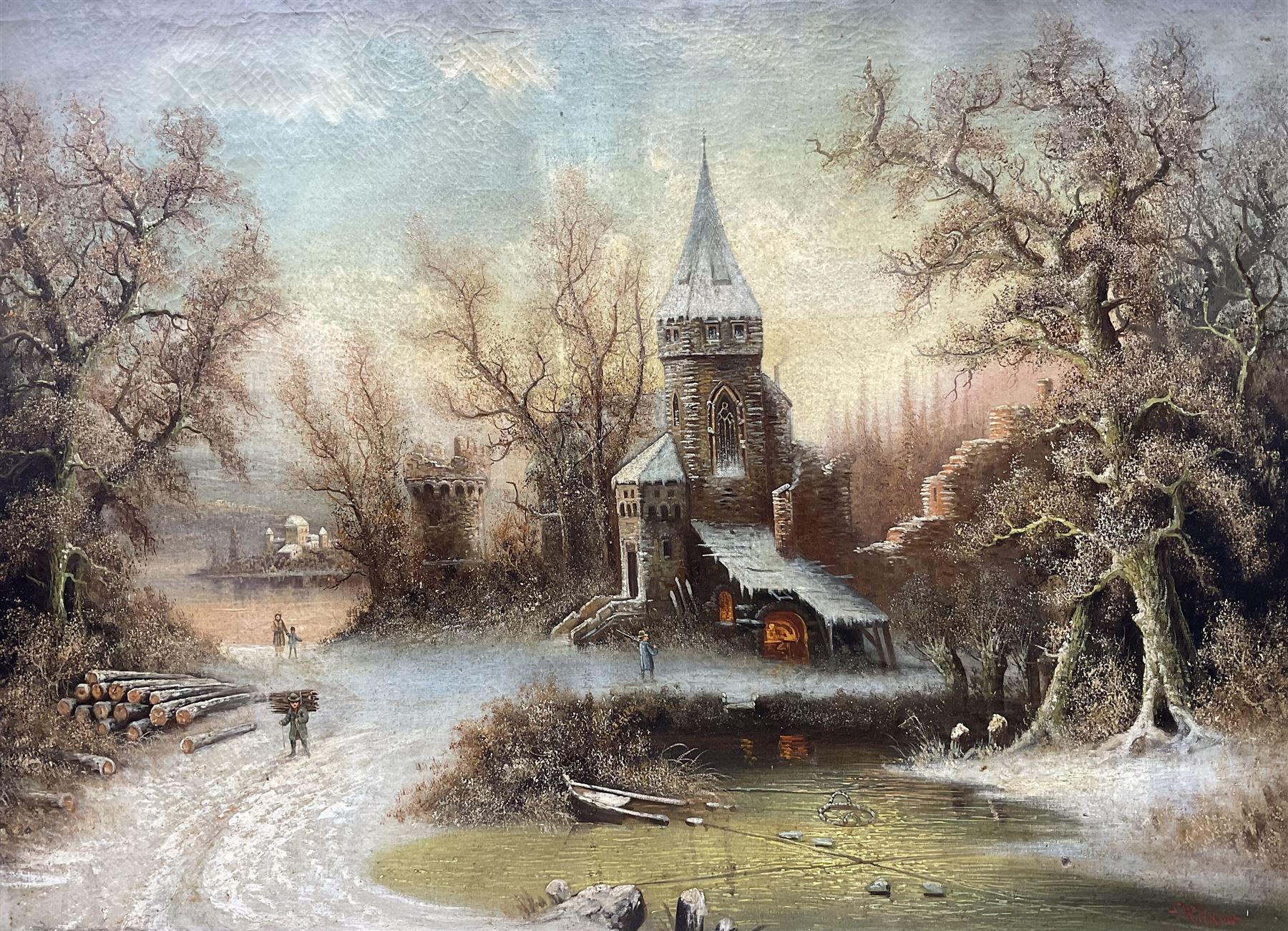 A Wilkow (Polish 19th/20th Century) Blacksmith's Workshop in a Winter Landscape, oil on canvas signed 71cm x 97cm in heavy ornate plaster gilt frame