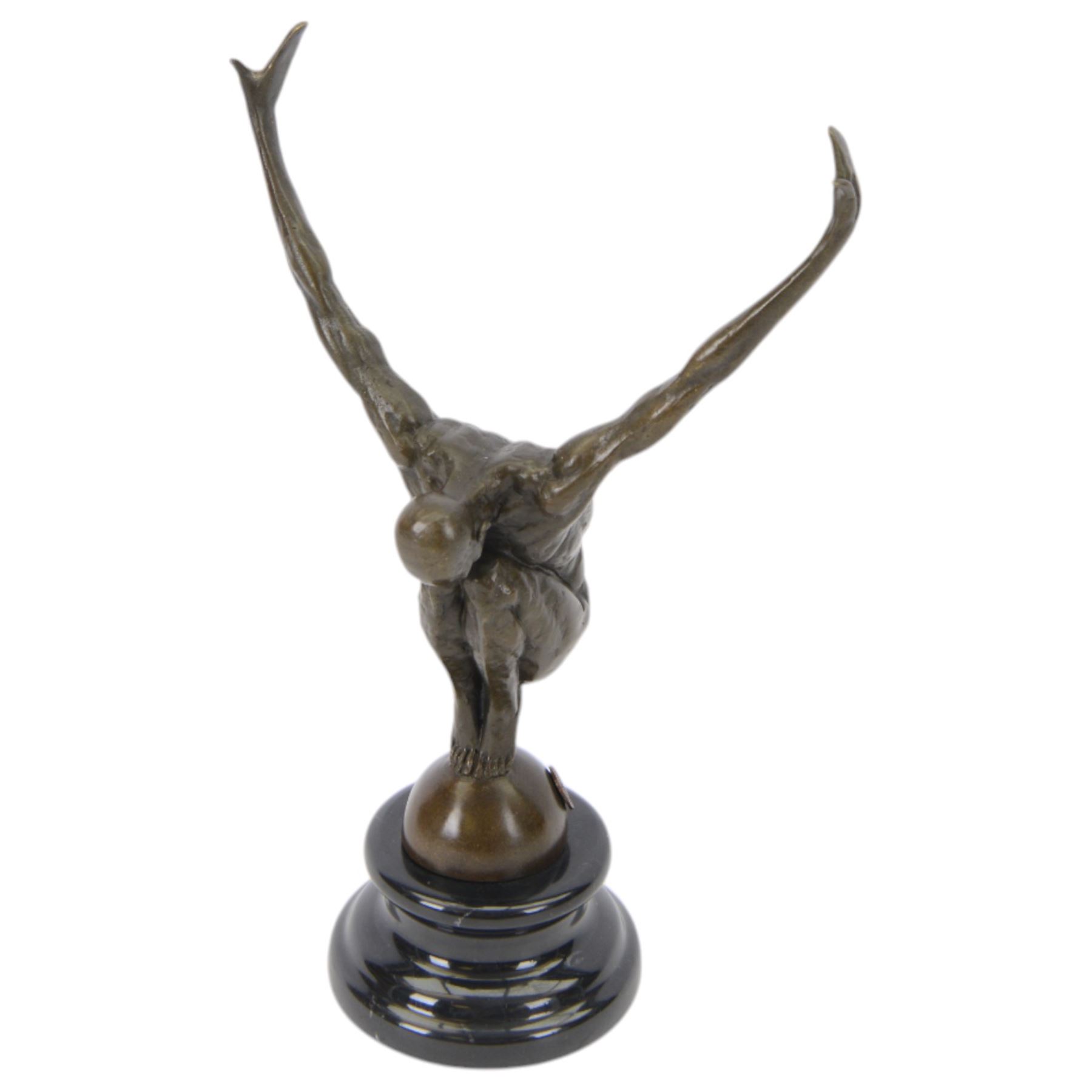 Bronze figure, modelled as a diver with hands raised upon a stepped circular base, H28cm