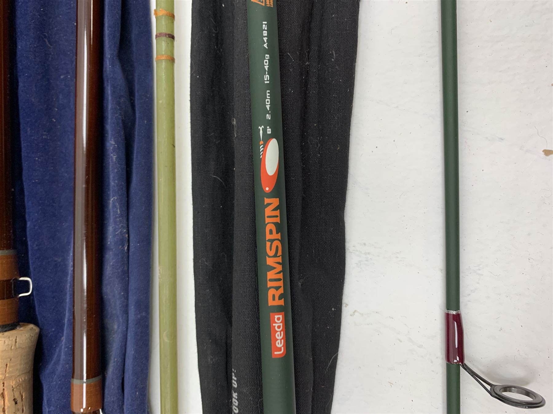 Fishing rods including 15ft IM6 carbon salmon rod  by Crawford Little (Bob Church),  fly rod with Rimfly Concept 375 reel etc, some in bags