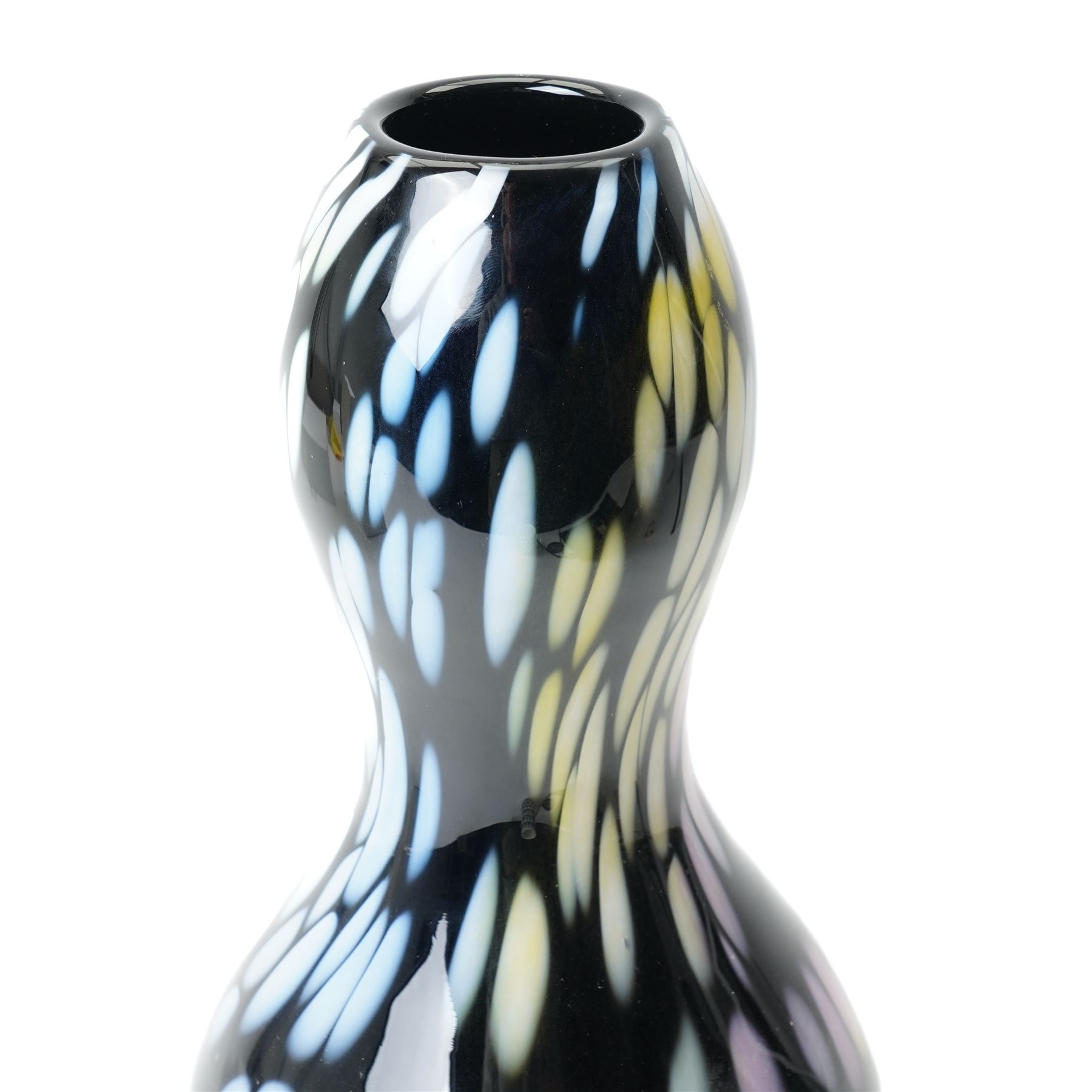 Ludvig Lofgren for Kosta Boda vase, decorated with mottled detail in purples and greens, upon a black ground, signed beneath, H46cm