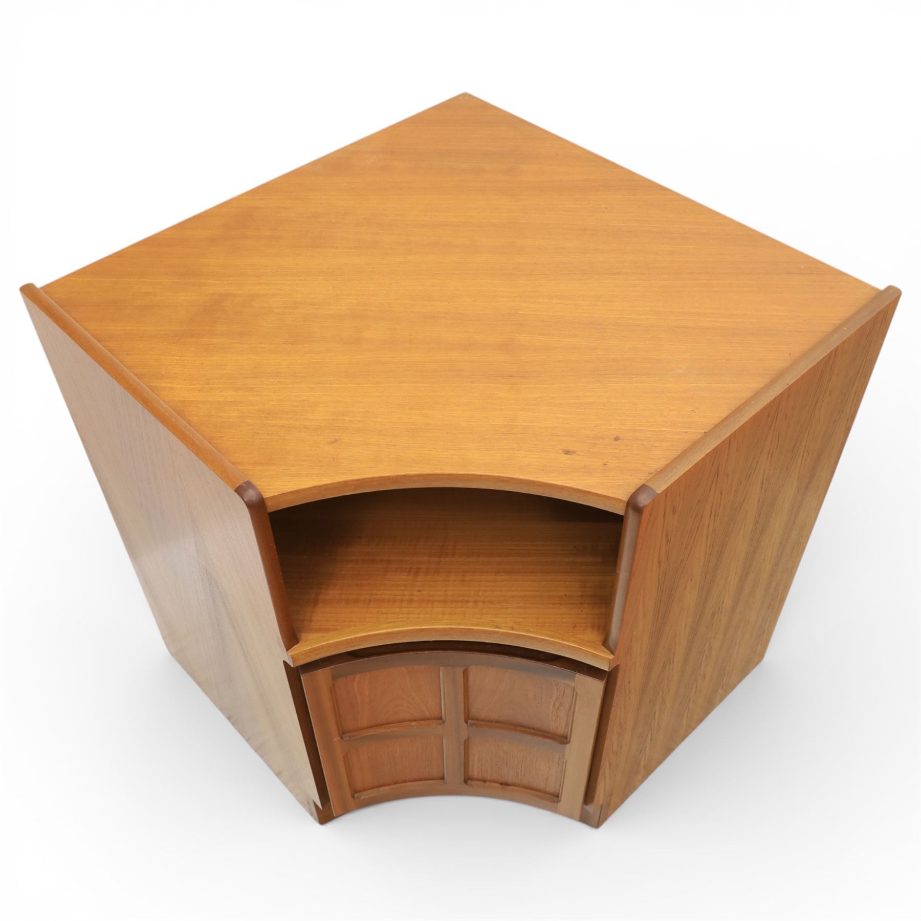 Nathan - concave corner cabinet, each of quarter round form with square top to fit against a wall, with open display compartment above a signature square panelled cupboard door, raised on a recessed plinth base