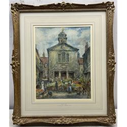 Rowland Henry Hill (Staithes Group 1873-1952): Market at the Old Town Hall Whitby, watercolour and pastel signed 31cm x 24cm