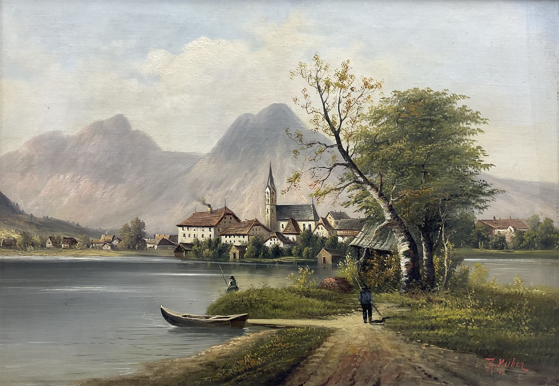 Adolf Kaufmann (AKA R Neiber) (Austrian 1848-1916): Austrian Lake Scene, oil on canvas signed with pseudonym R Neiber 49cm x 70cm