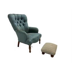 Victorian style bedroom chair in buttoned upholstry and a rectangular upholstered footstool