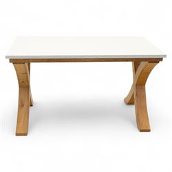 Kitchen dining table, rectangular, speckled quartz and marble composite top on a solid oak x-from base 