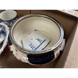 19th century and later ceramics, including Sunderland lustre mug, with agricultural scene and quote, together with lustre teapot and jugs, bowl with silver rim, Sampson dish, English blue and white tea bowls and saucers, blue and white tile, etc