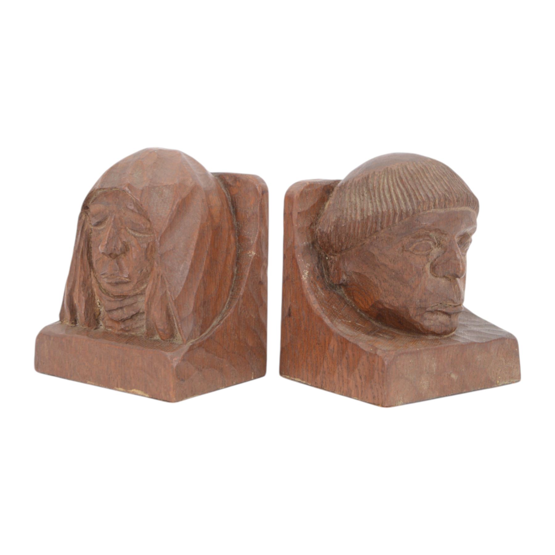 Gnomeman - pair of tooled oak figural bookends, each carved as a friar, with adzed detailing, one example signed to the back with a gnome in relief, by Thomas Whittaker, Littlebeck, each approximately H14.5cm
