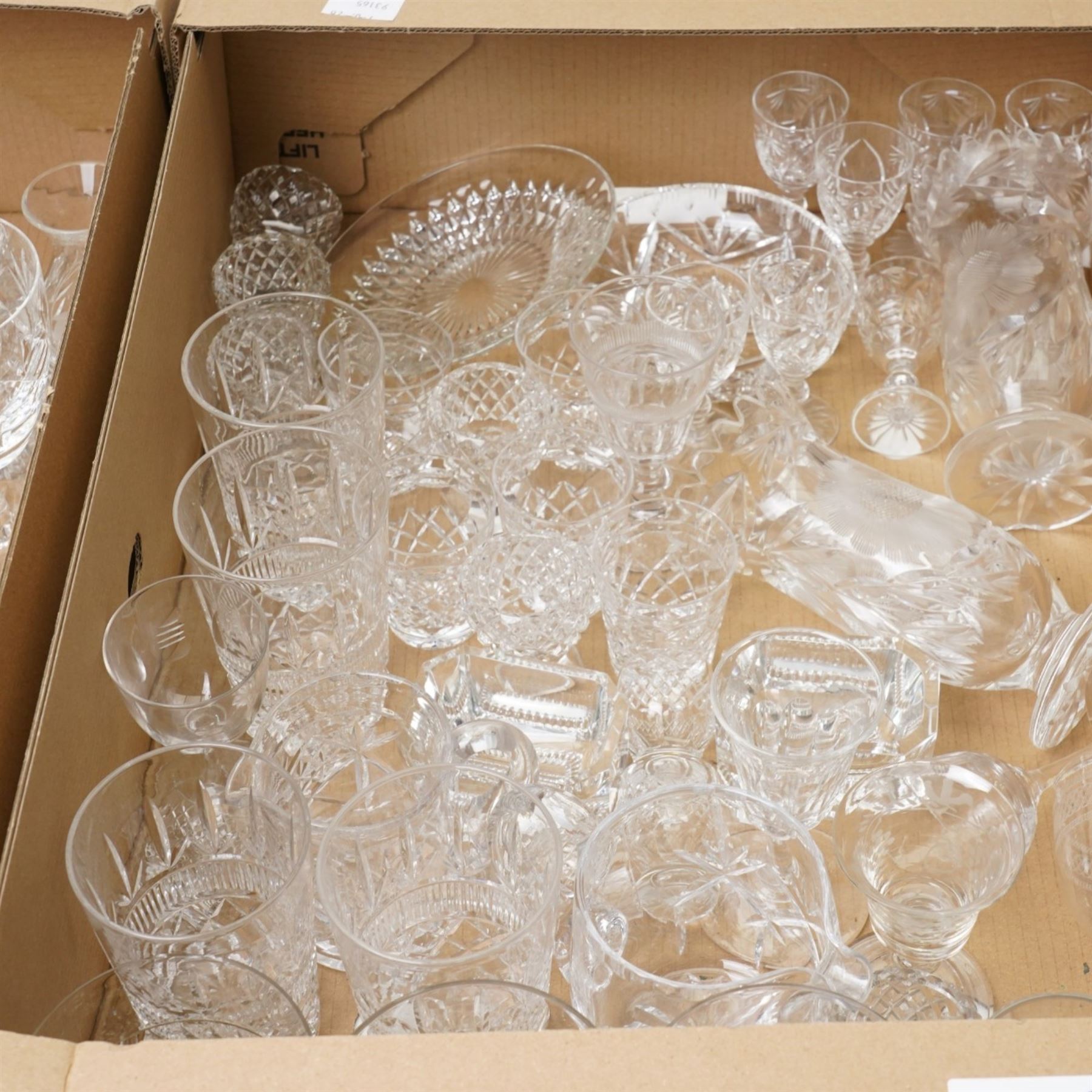 Collection of mixed crystal and glassware, to include a 19th century Scottish dram glass, green stem glasses, etc, in three boxes