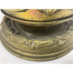 Victorian Benham & Froud Arts and Crafts brass coal scuttle, with Victorian diamond registration mark, together with a copper and brass scuttle of helmet form, tallest H50cm