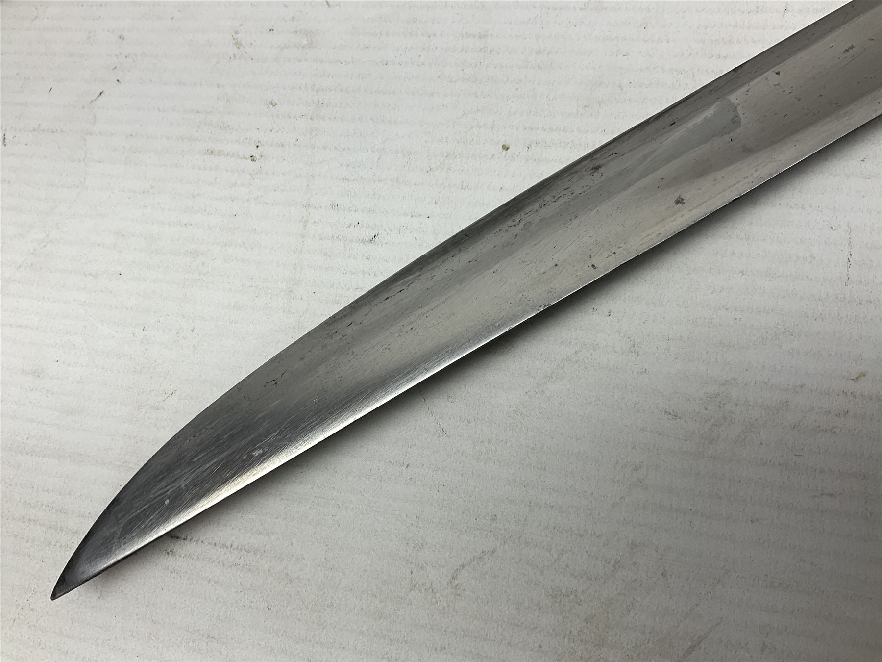 Early 19th century French Lancers officer's sword c1810, the 84cm curving fullered blade retaining most of its bluing, gilding and engraved decoration, inscribed I.S.& C. to ricasso (for Schimelbusch), brass three-bar hilt with elongated elliptical langets and wire-bound leather grip; in polished steel scabbard with two brass suspension rings L100cm overall