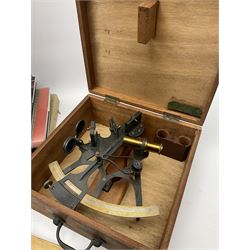 Captain Laurence Scott (1917-2005) - mid-20th century sextant by L.J. Harri Amsterdam with blackened brass framework and polished brass scale, serial no.W153, in fitted mahogany box; brass and boxwood rope gauge, three small scale rulers and pair of dividers/compasses; his Hull Nautical School Trigonometry exercise book; photocopies of his autobiography 'From The Captain's Log' and his Master's Ticket etc; and quantity of maritime interest books and folders including some stamped Prince line. Biographical Note: Born in Duggleby East Yorkshire he attended nautical college in Hull and spent his naval career in the Merchant Navy with Prince Line. His Master's Ticket was issued on 25/11/1949 and after Chief Officer roles he subsequently took command of his first ship the Tudor prince in m1955.His final command was the Scottish Prince which he left around 1960 to come ashore to be closer to his young family. He took up a role as Marine Superintendent at the Manchester Ship Canal and later became a Marine Inspector before his final retirement.