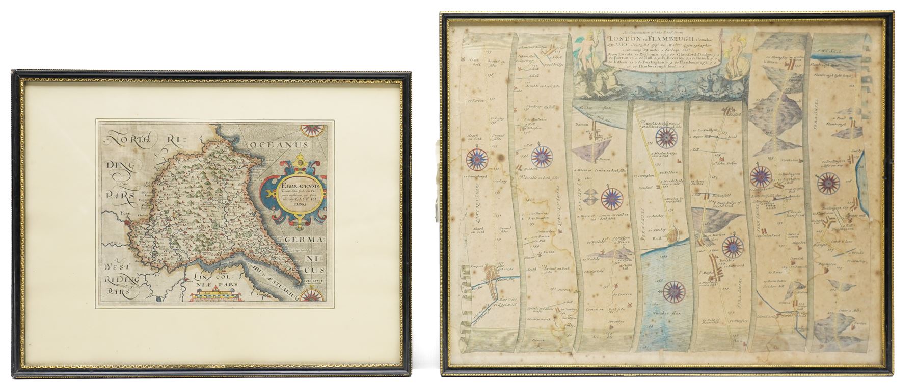 Gulielmus Hole (British ?-1624) and Christopher Saxton (British 1540-1610): 'Eboracensis Comitatus pars Orientalis vulgo East Riding', 17th century engraved map of the East Riding Yorkshire with hand-colouring pub. 'Camden's Britannia' c.1607, 20cm x 25cm; John Ogilby (British 1600-1676): ''The Road from London to Flamborough Head', 17th century engraved strip map with hand-colouring 38cm x 47cm (2)