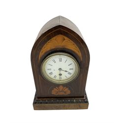Edwardian - 8-day Rosewood veneered Lancet shaped mantle clock with contrasting inlay and satinwood stringing,  white enamel dial with Roman numerals, minute markers and spade hands, French timepiece movement with pendulum. c1910.