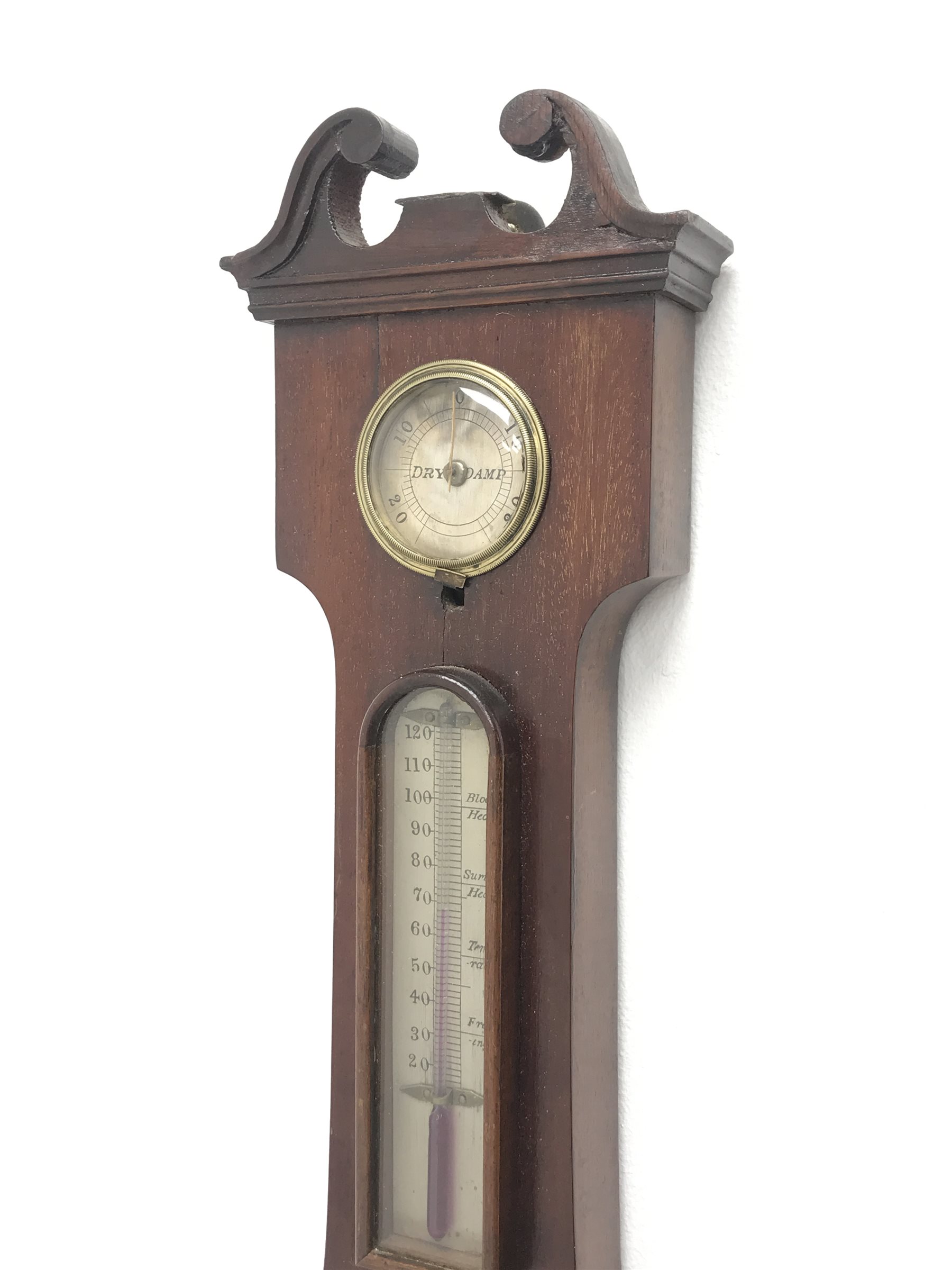 Early 19th century mahogany five dial banjo barometer, swan neck