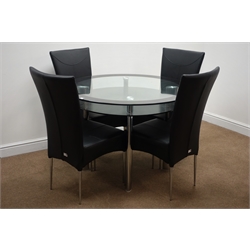  Glass top circular dining table, chrome finish supports (D10cm, H76cm) and four high back dining chairs (5)  