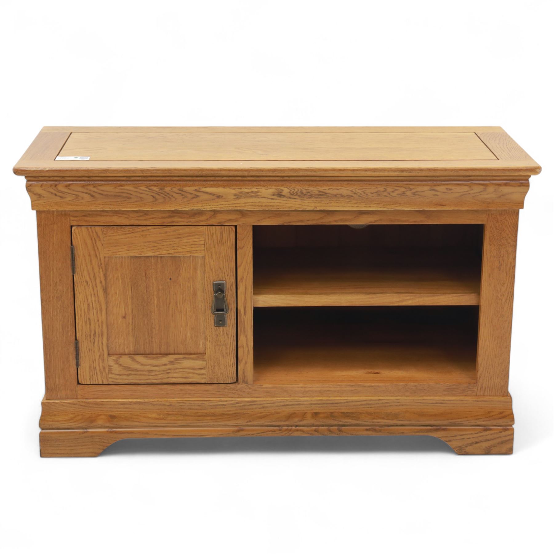 Oak Furnitureland - television and media cabinet, rectangular top with framed edge, fitted with single cupboard and open shelved section, on a stepped and shaped plinth