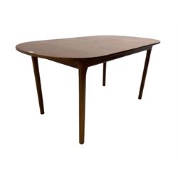 AH McIntosh & Co of Kirkaldy - mid-20th century teak extending dining table, rectangular top with rounded corners, concealed integrated double leaf, raised on tapered supports, 'Furniture by McIntosh sticker to underside of leaf