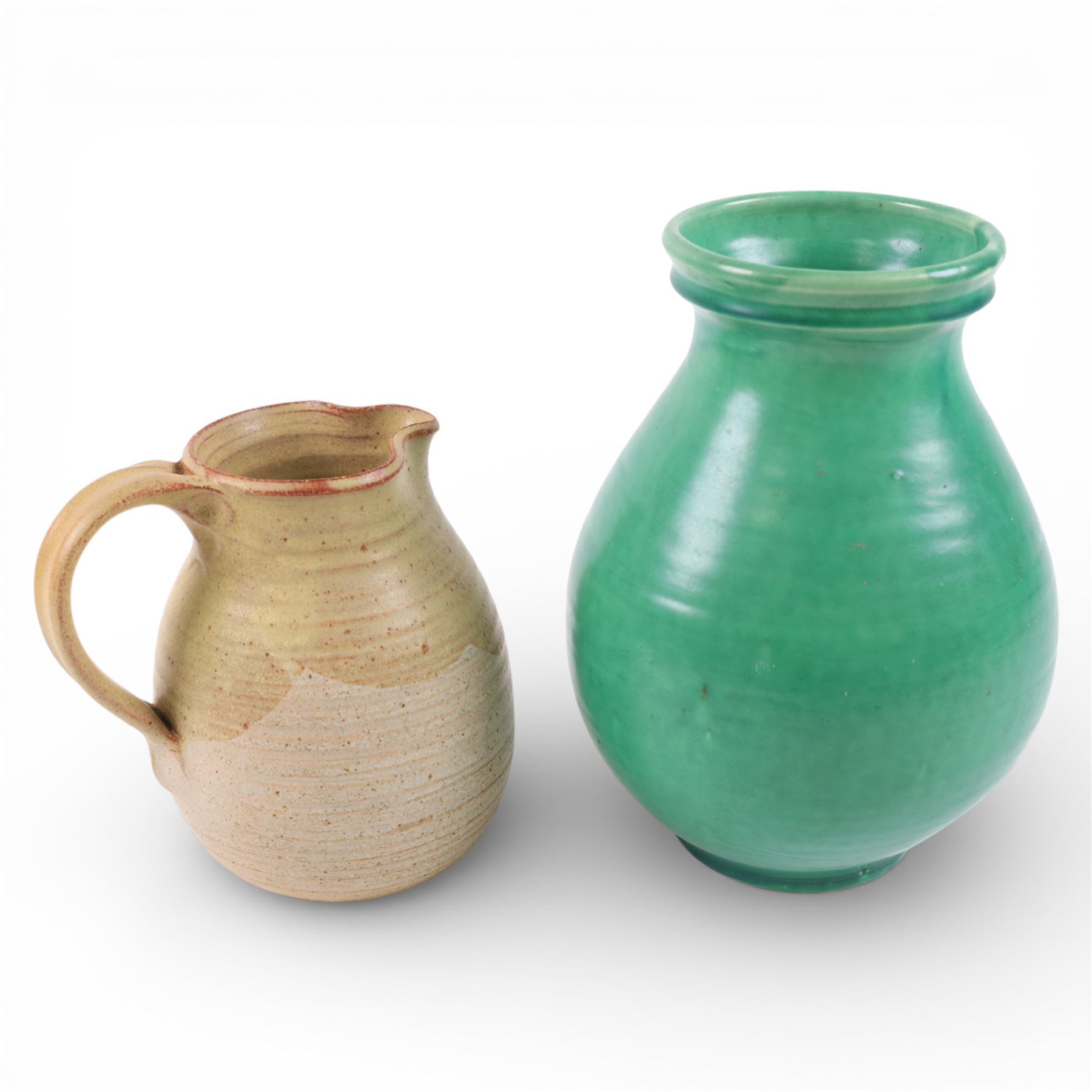 Branham Pottery green vase, of baluster form, with impressed mark beneath, together with John Egerton jug, with makers mark to handle, vase H26cm