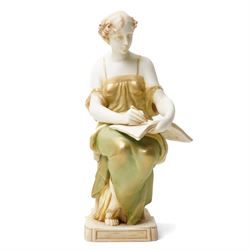 Ernst Wahliss for Royal Vienna classical female figure seated on a pillar writing in a book on gilt lined base H27cm 