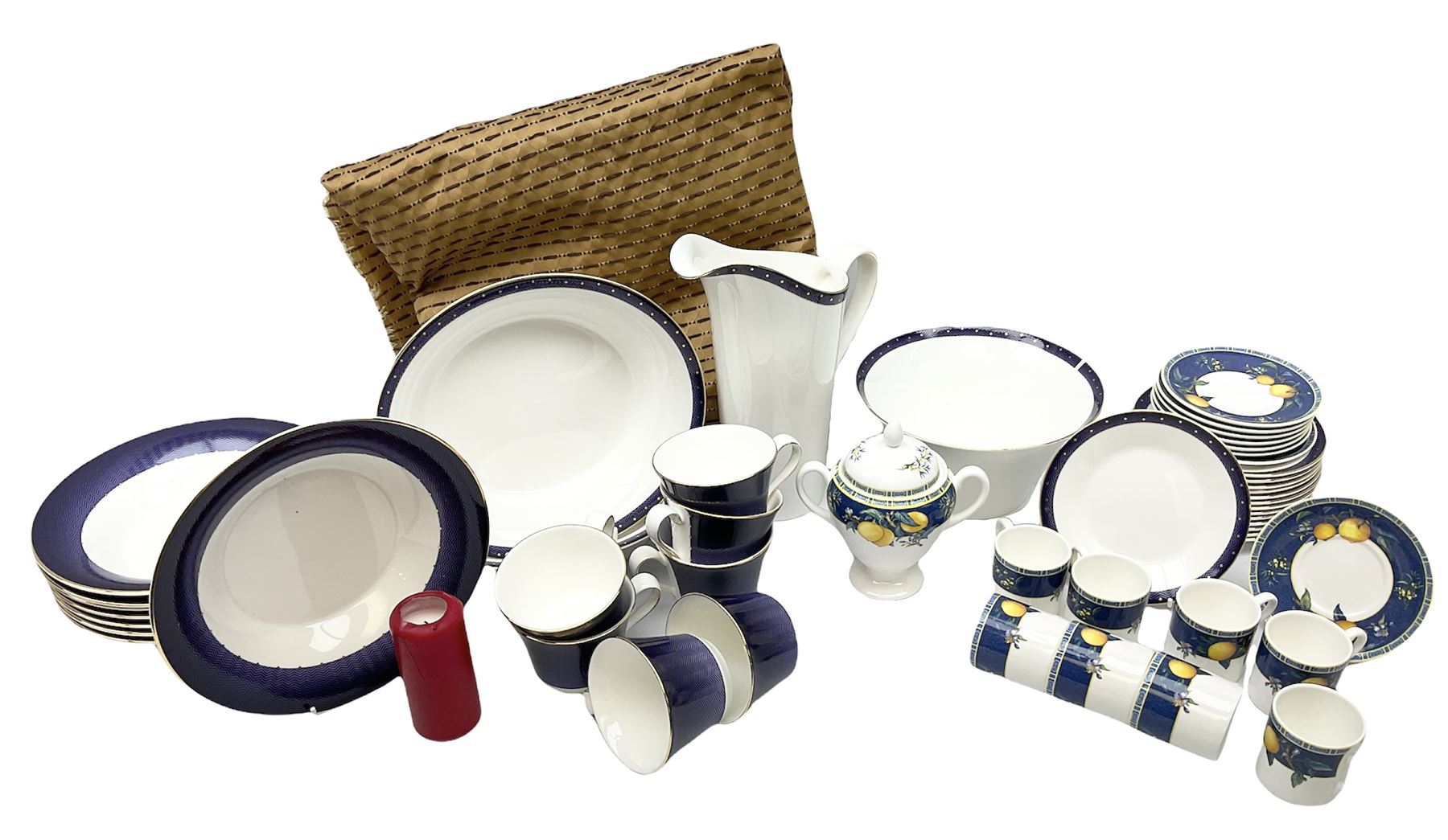 Wedgwood Midnight pattern tea and dinner wares, comprising seven cups and saucers, large jug, eight soup bowls, two large bowls, together with wedgwood citrons coffee wares