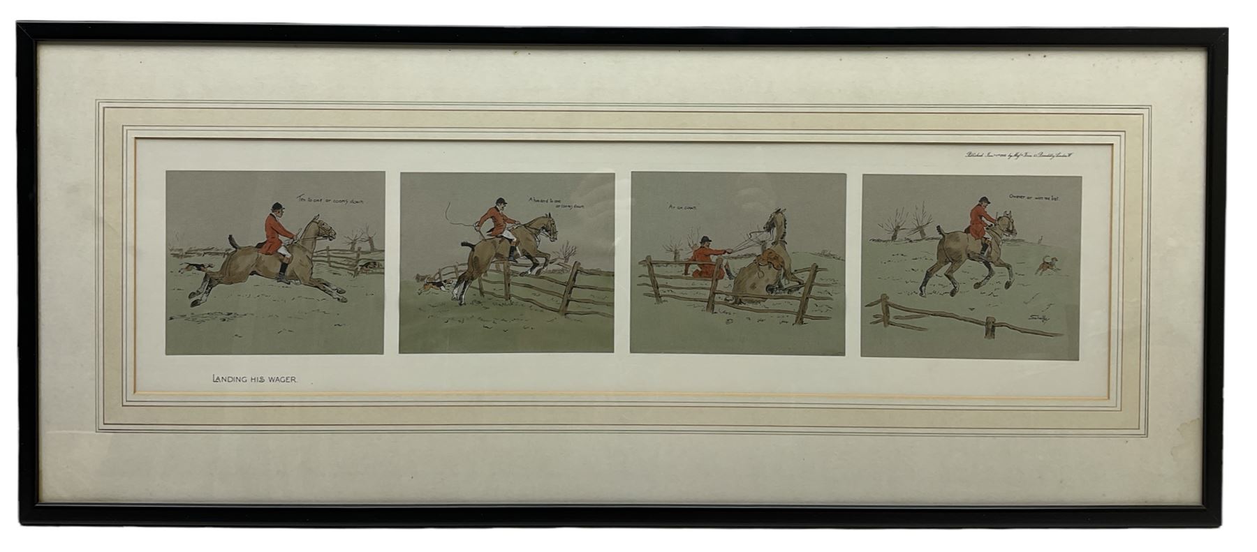 Snaffles (Charles Johnson Payne 1884-1967): 'Landing his Wager', a set of four hand coloured prints framed as one, each 14 x 17cm