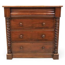 William IV style mahogany chest, rectangular moulded top over cushion-moulded frieze drawer and three long drawers with turned wooden handles, flanked by rope-twist turned pilasters, on plinth base