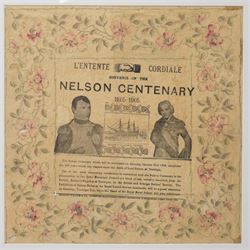 A mounted printed paper handkerchief or napkin Nelson Centenary Souvenir of Nelsons flagship Victory, 33cm x 33cm 
