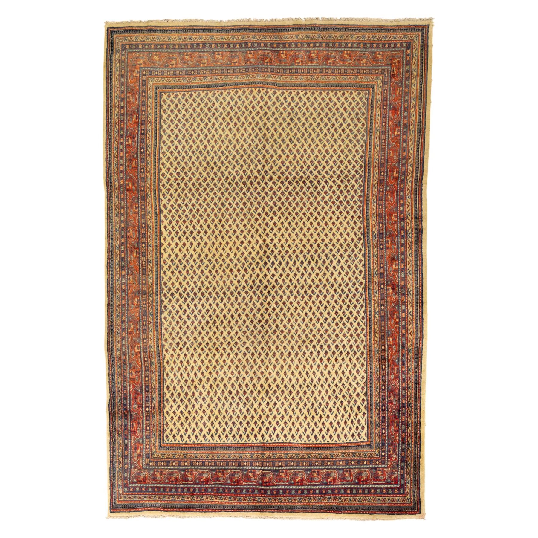 North West Persian Arak hand-knotted carpet, ivory ground densely decorated with an all-over diagonal boteh lattice design within a madder red main border of stylized rosettes and botehs between multiple narrow floral guard stripes