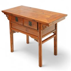 Late 20th century, Chinese elm low table, rectangular to over two drawers, decorated with floral carved brackets 