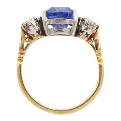 Gold three stone oval sapphire and round brilliant cut diamond ring, stamped 18ct, total diamond weight approx 0.50 carat, sapphire approx 2.40 carat