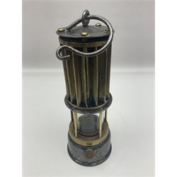 Miners lamp, with markers plaque 'The Premier Lamp, Leeds', with brass corrugated effect, H26cm