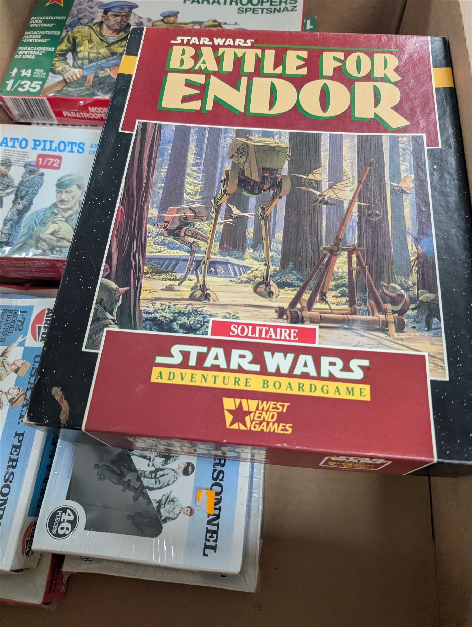Airfix Golden Hind model kit, West End Games Battle of Endor Solitaire game and a collection of Esci and Airfix model soldiers, all boxed