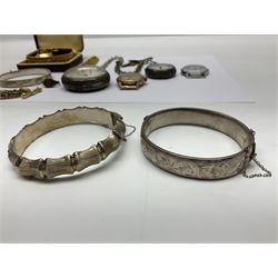 Silver lever pocket watch, with plated chain and a smaller silver fob watch, together with three silver hinged bangles, heavy silver curb link bracelet, 9ct gold and silver signet ring, 9ct gold initial A pendant, timex wristwatch, Kered wristwatch and an Ingersoll pocketwatch, and a small collection of costume jewellery 