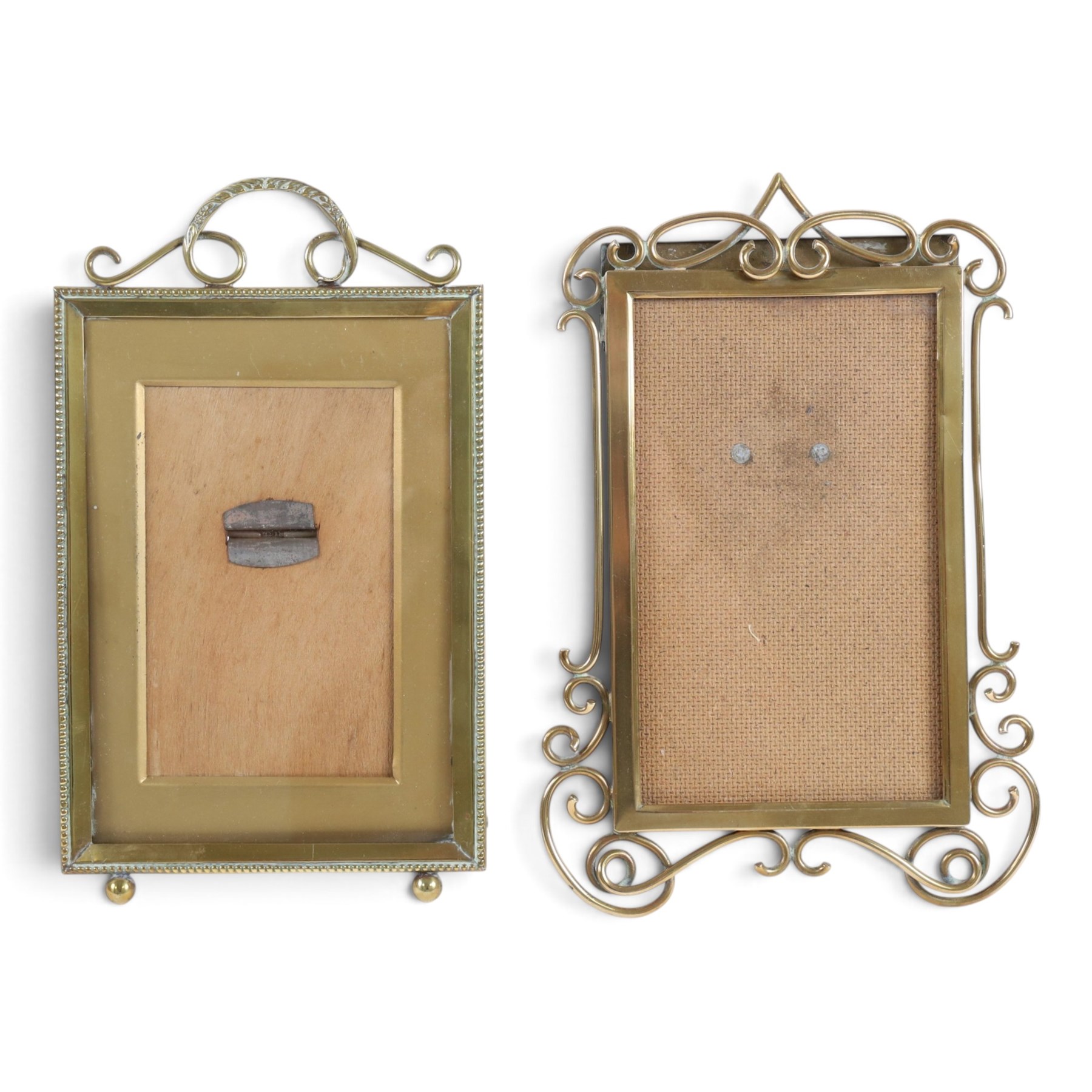 Collection of brass photo frames, including wire work examples, largest H37cm