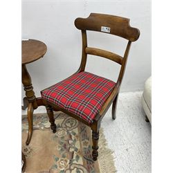 Pair of 19th century rosewood chairs with tartan upholstered drop-in seats (W46cm H88cm); 19th century walnut commode stool; 19th century mahogany wine table; oak framed firescreen with glazed tapestry panel; Chinese woollen rug; commode stool (6)