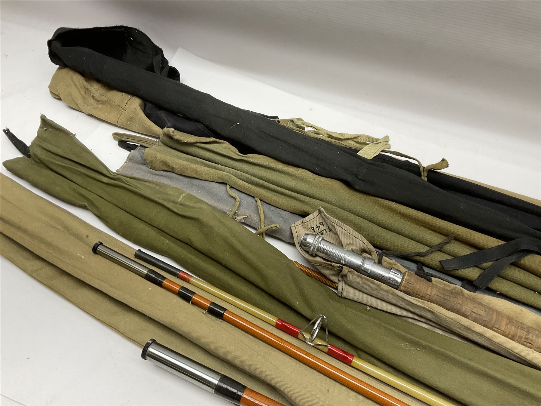 Collection of fly fishing rods, including split cane and fibreglass examples, by March Brown, Brent and Sportex, etc 
