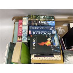 Eight boxes of various CDs, books etc to include hardbacks and reference books