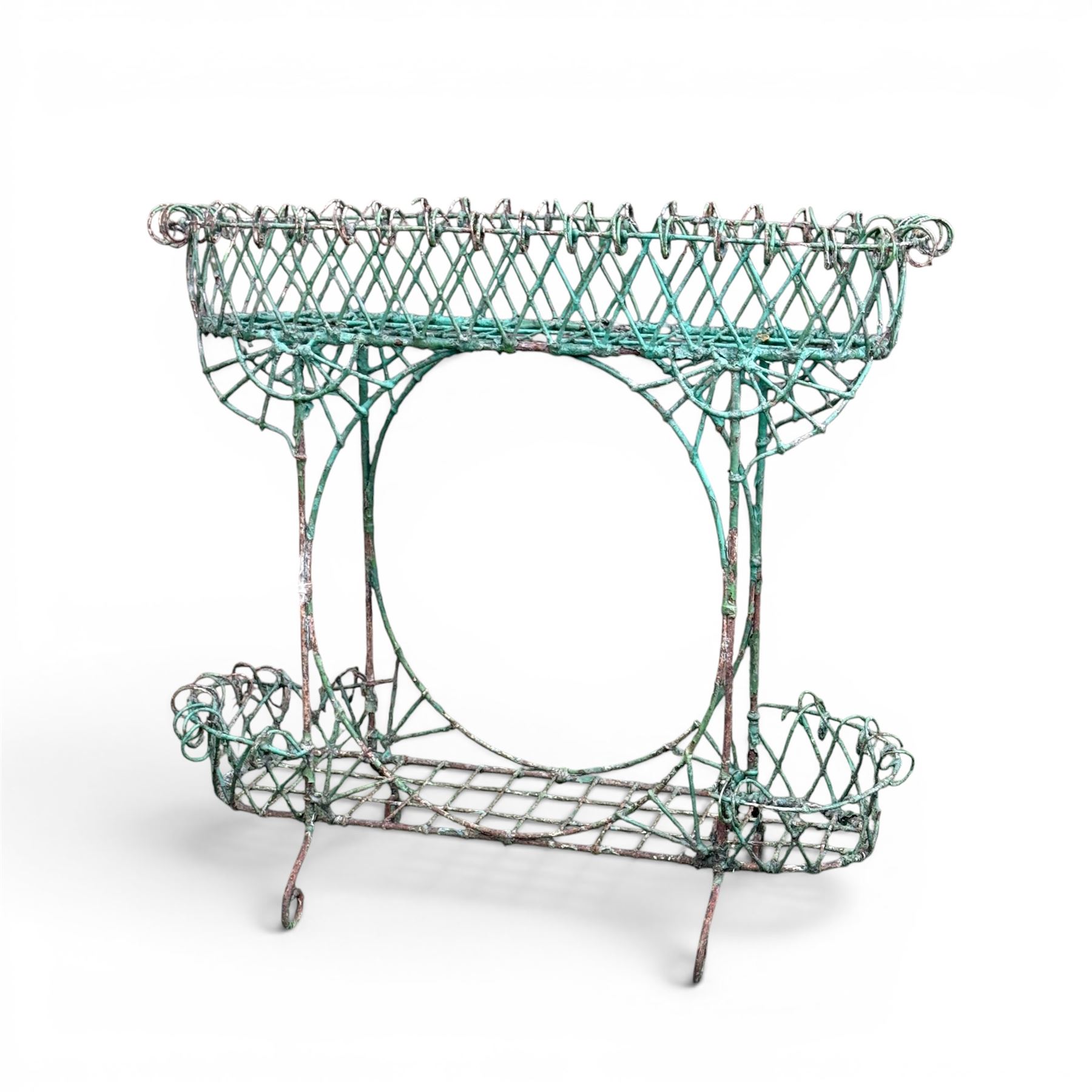 Victorian country house ornate wirework basket conservatory or garden planter, two tier form with oval centre