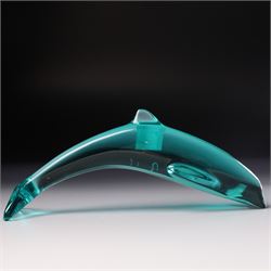 Lalique clear and frosted glass dolphin, label to base W12cm, boxed and a Baccarat blue glass dolphin W16cm  in Mappin & Webb box
