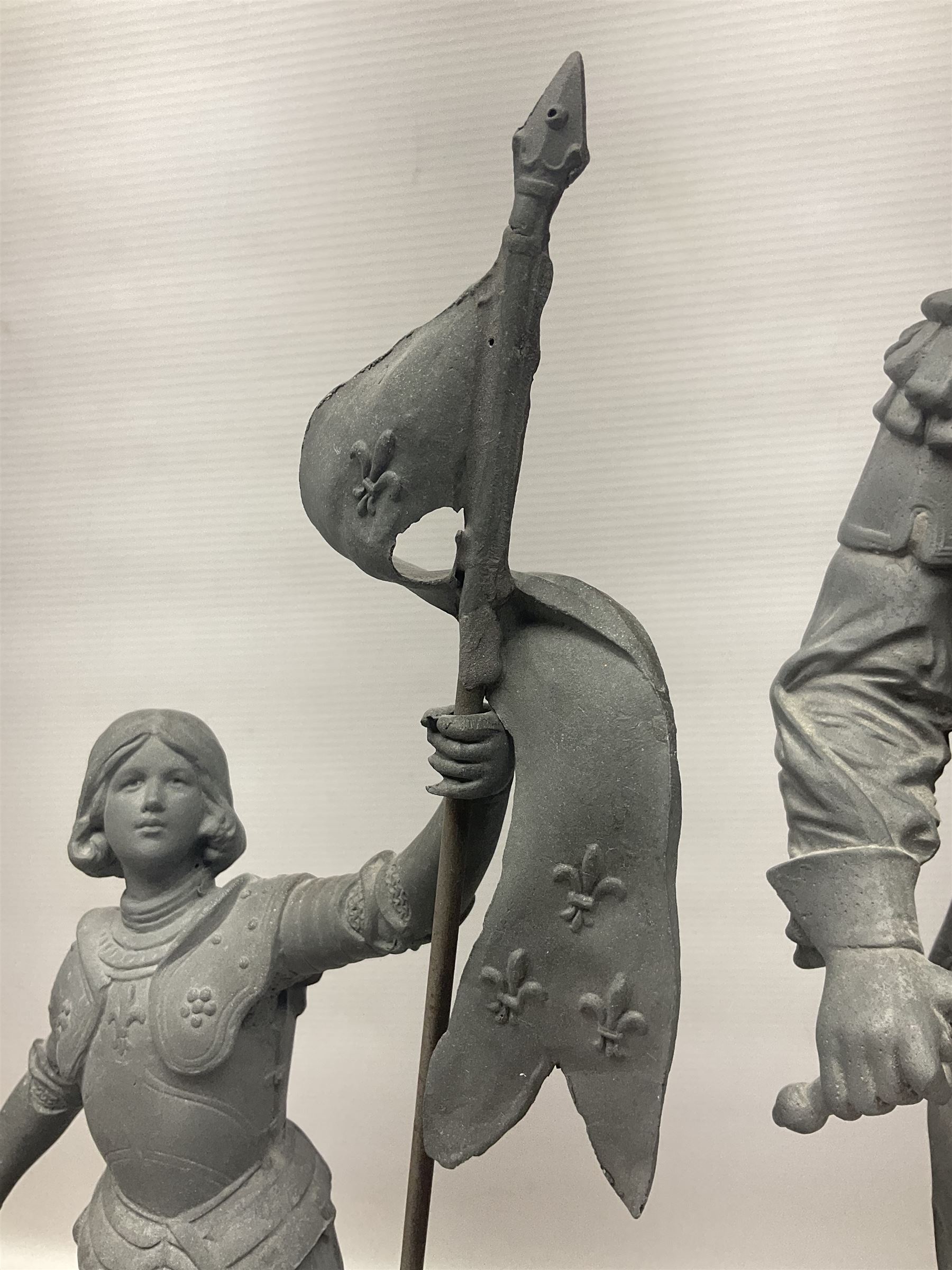 Pair of spelter figures modeled as Cavaliers, together with a spelter figure of Joan of Arc, largest H52cm