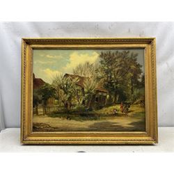 W Allen (19th century): Farmstead with Figures Donkey and Hens, oil on canvas signed 48cm x 66cm