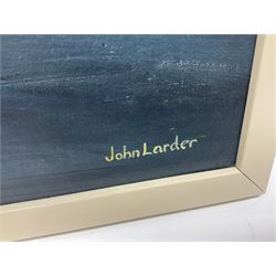 John Larder (20th century) - study of Lancaster bombers landing on a runway at dusk, oil painting on canvas board, 37 x 51cm, white frame