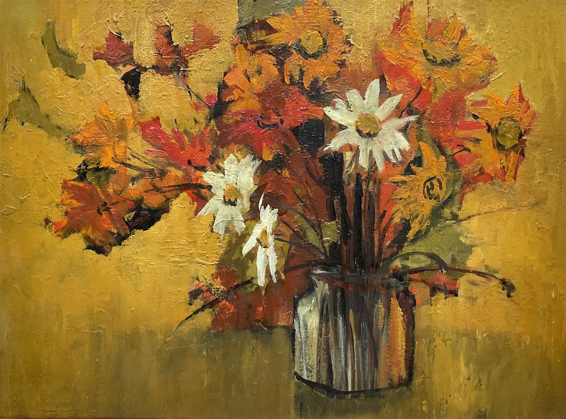 Margaret Parker (Northern British 1925-2012): Still Life of Flowers in a Vase, oil on board signed versp 44cm x 59cm